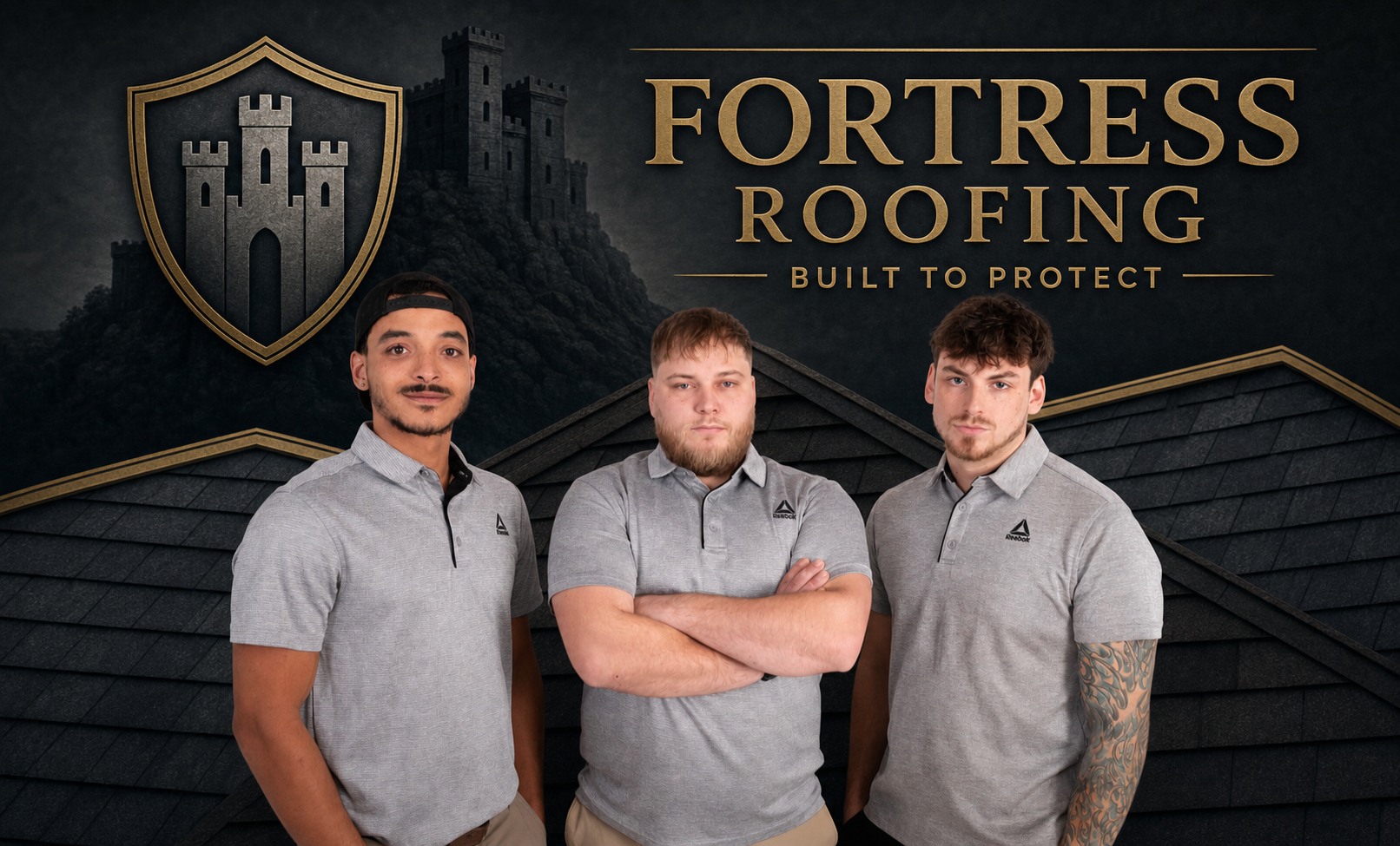 The three co-owners of Fortress Roofing LLC in front of the Fortress Roofing banner