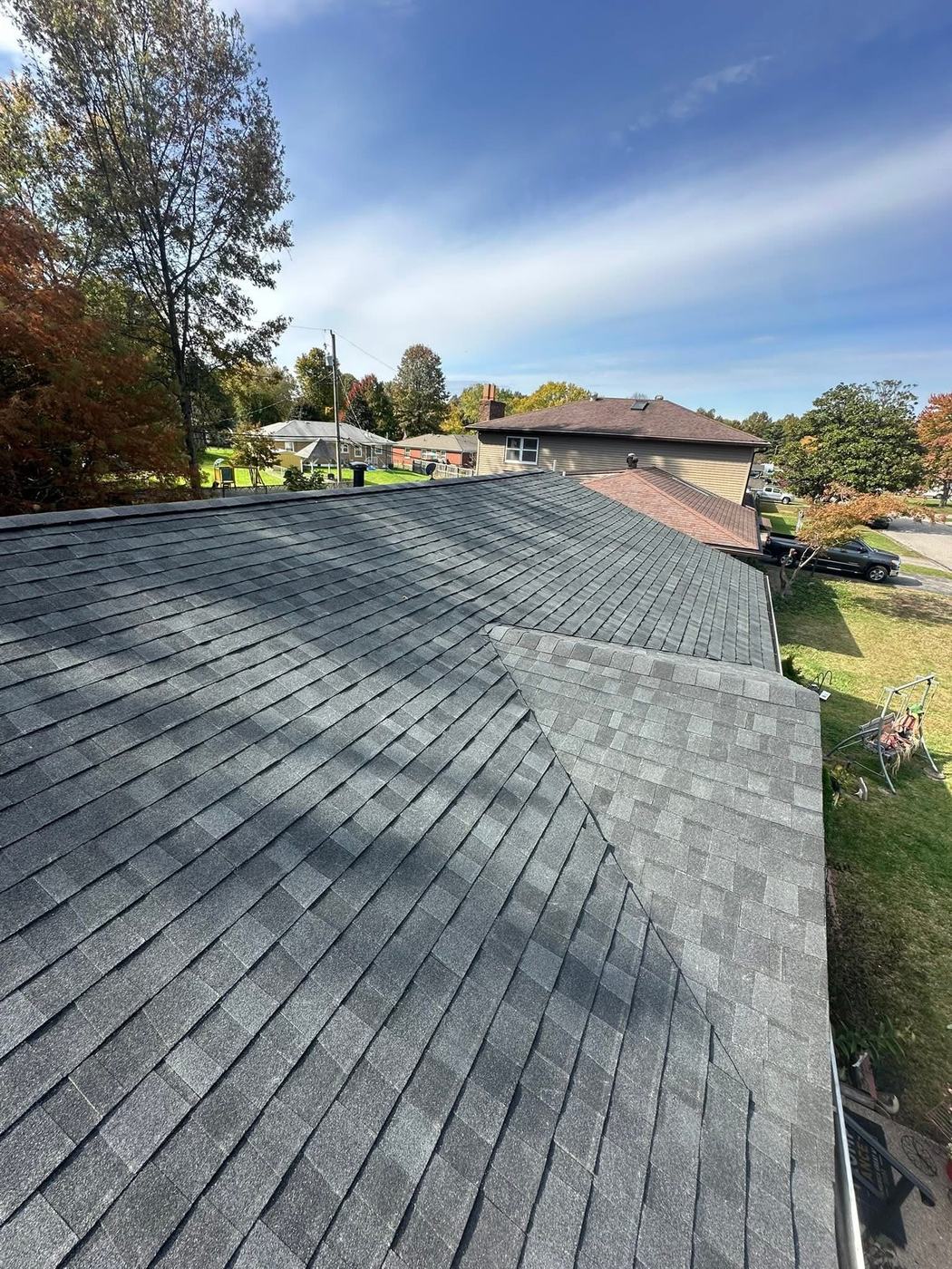 Finished dimensional shingle roof viewed from above