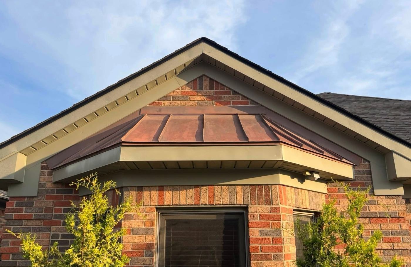 Finished copper awning roofing craftsmanship detail