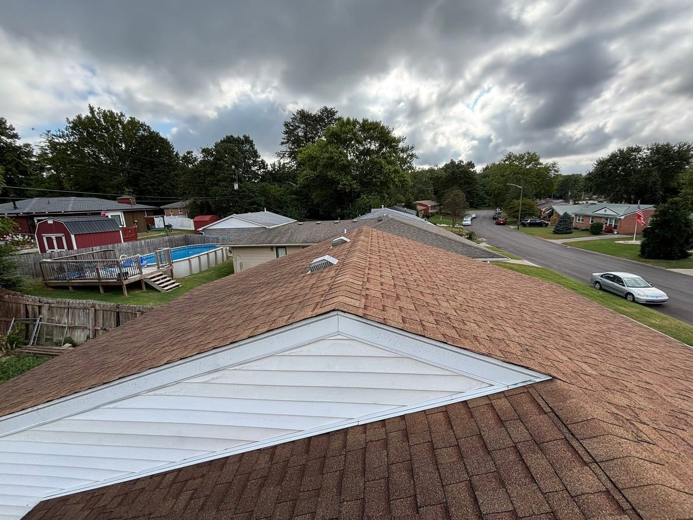 Brown dimensional shingle roof viewed from above